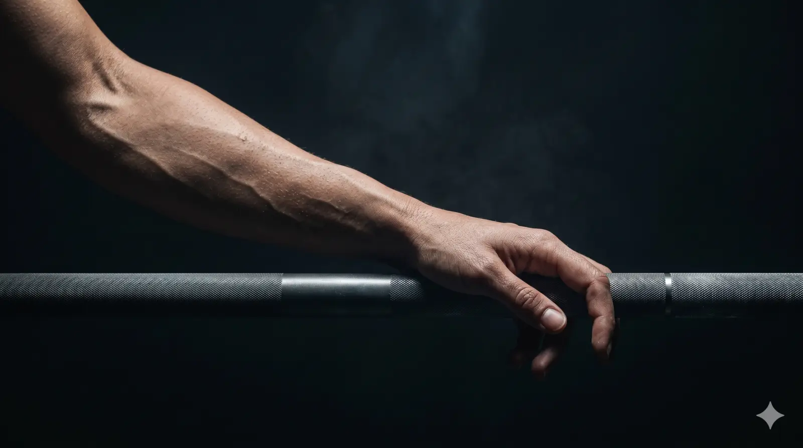 An athlete's forearm resting on a loaded barbell in low light.