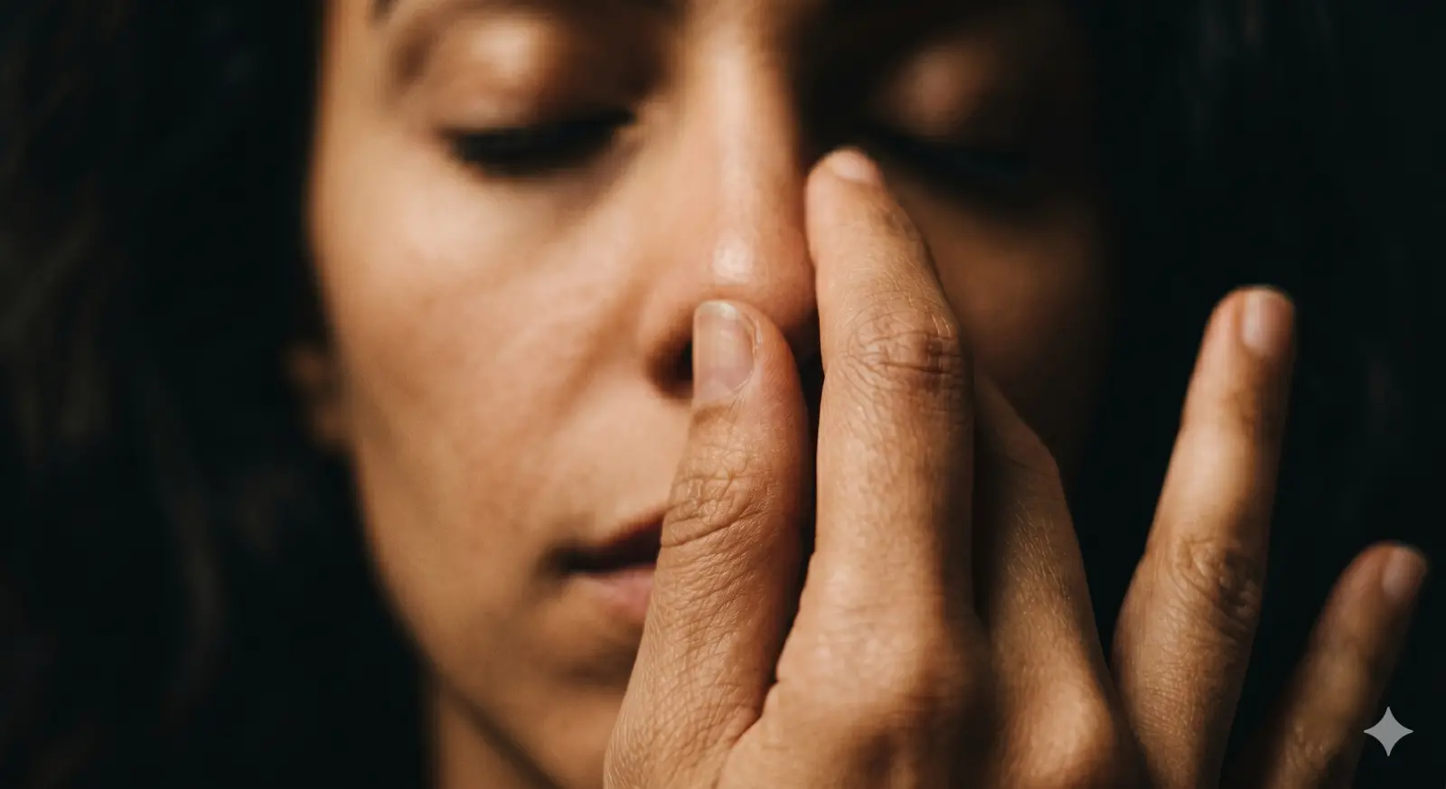An athlete breathing through one nostril, eyes closed, in low light.