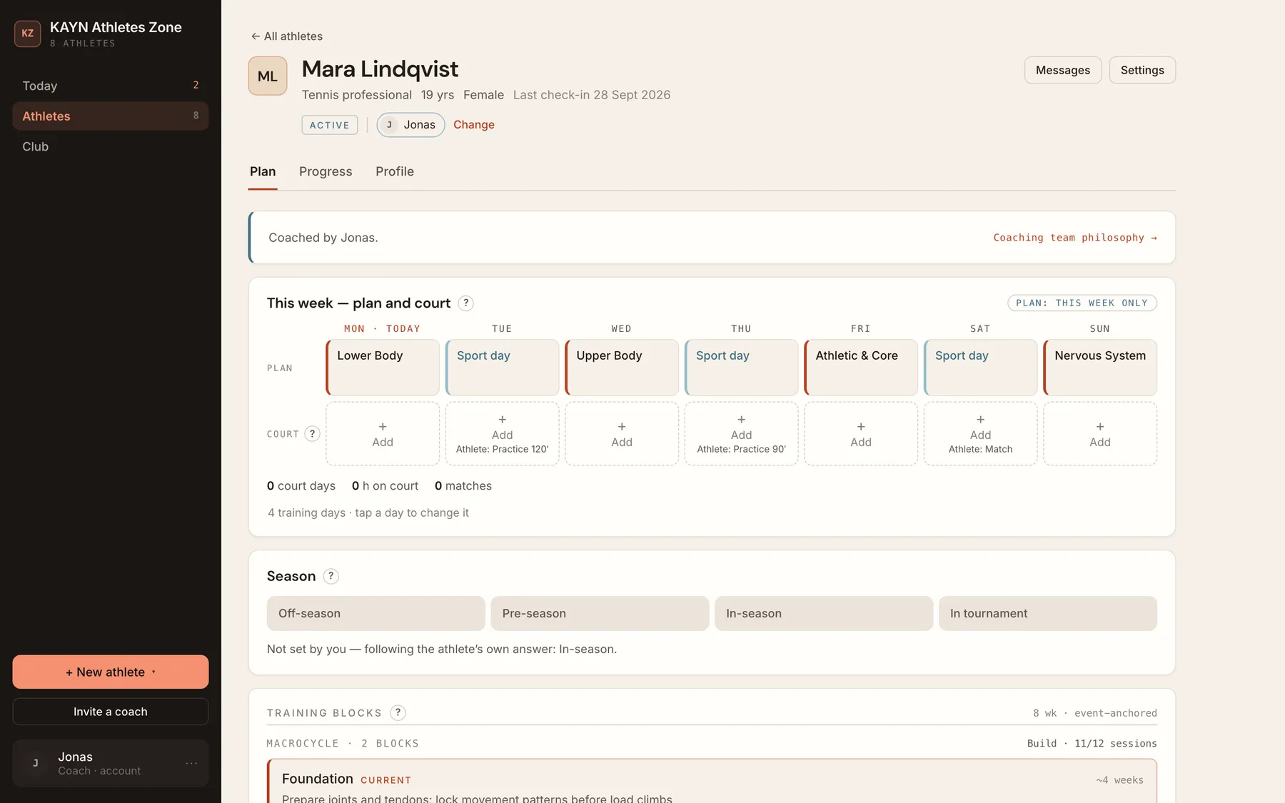 An athlete's page on the dashboard.