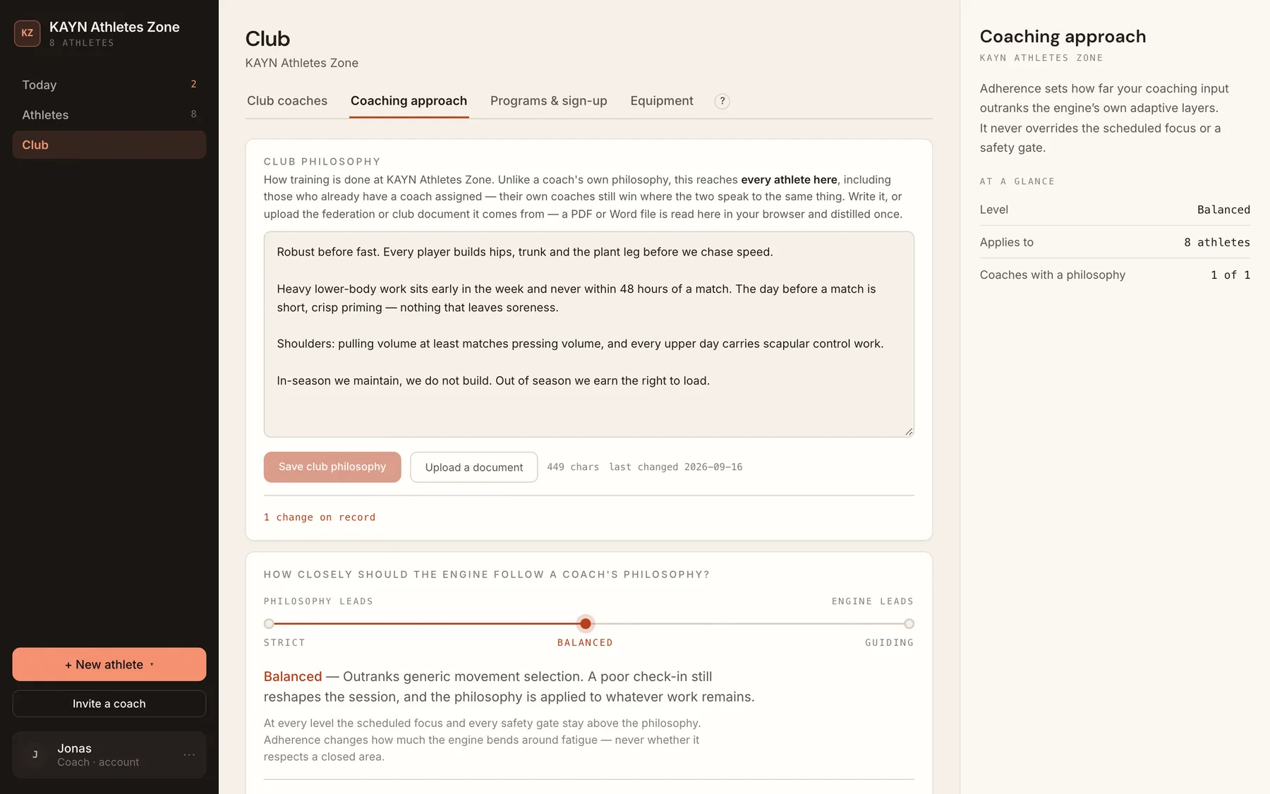 The Coaching approach page with a Strict to Guiding slider.