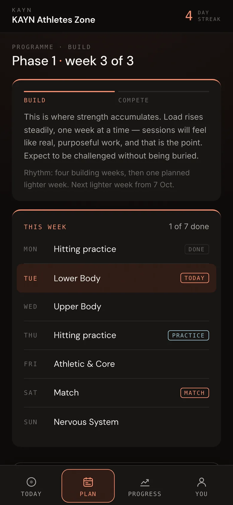 The Plan tab: phase and this week's days.