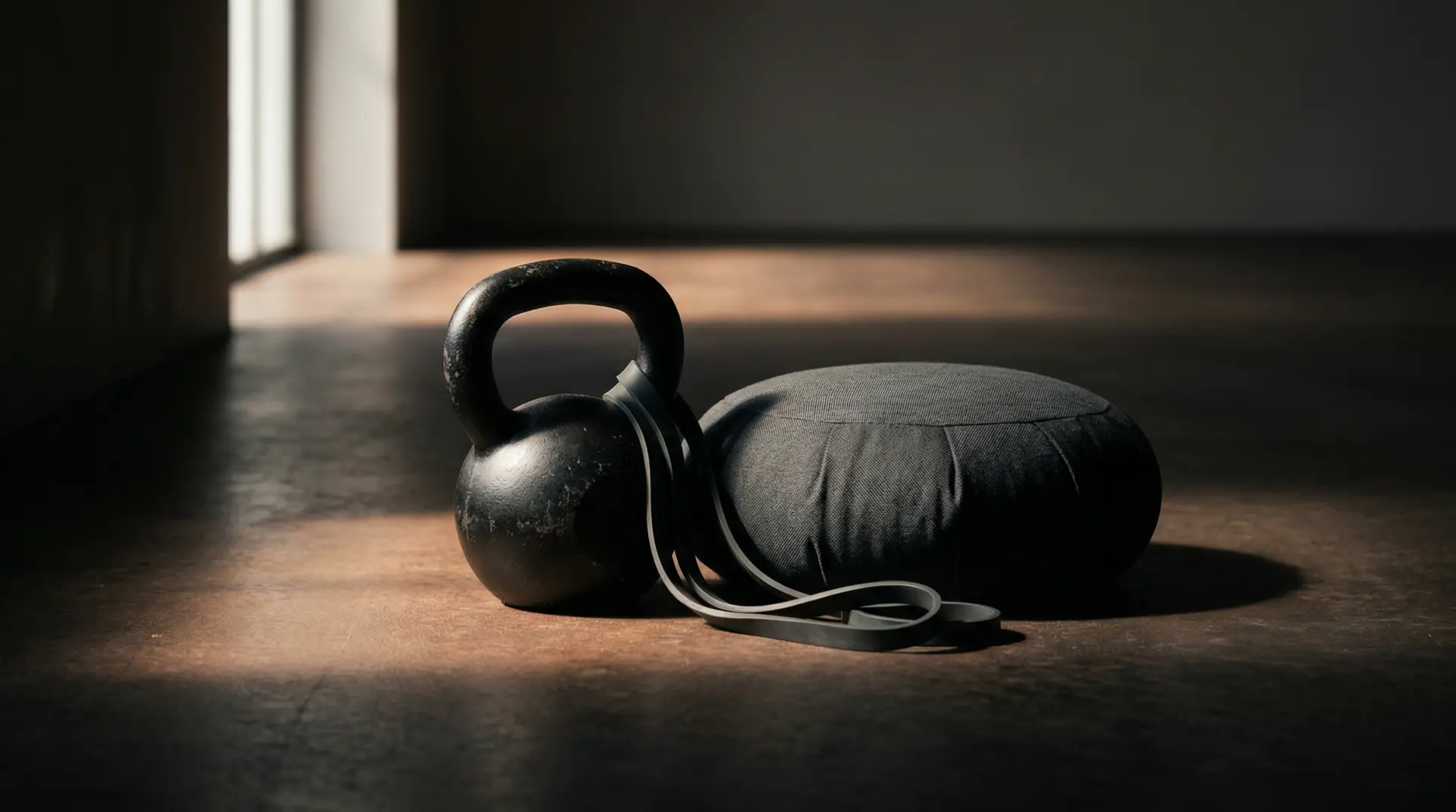 A kettlebell, a resistance band and a cushion on a bare floor in low light.