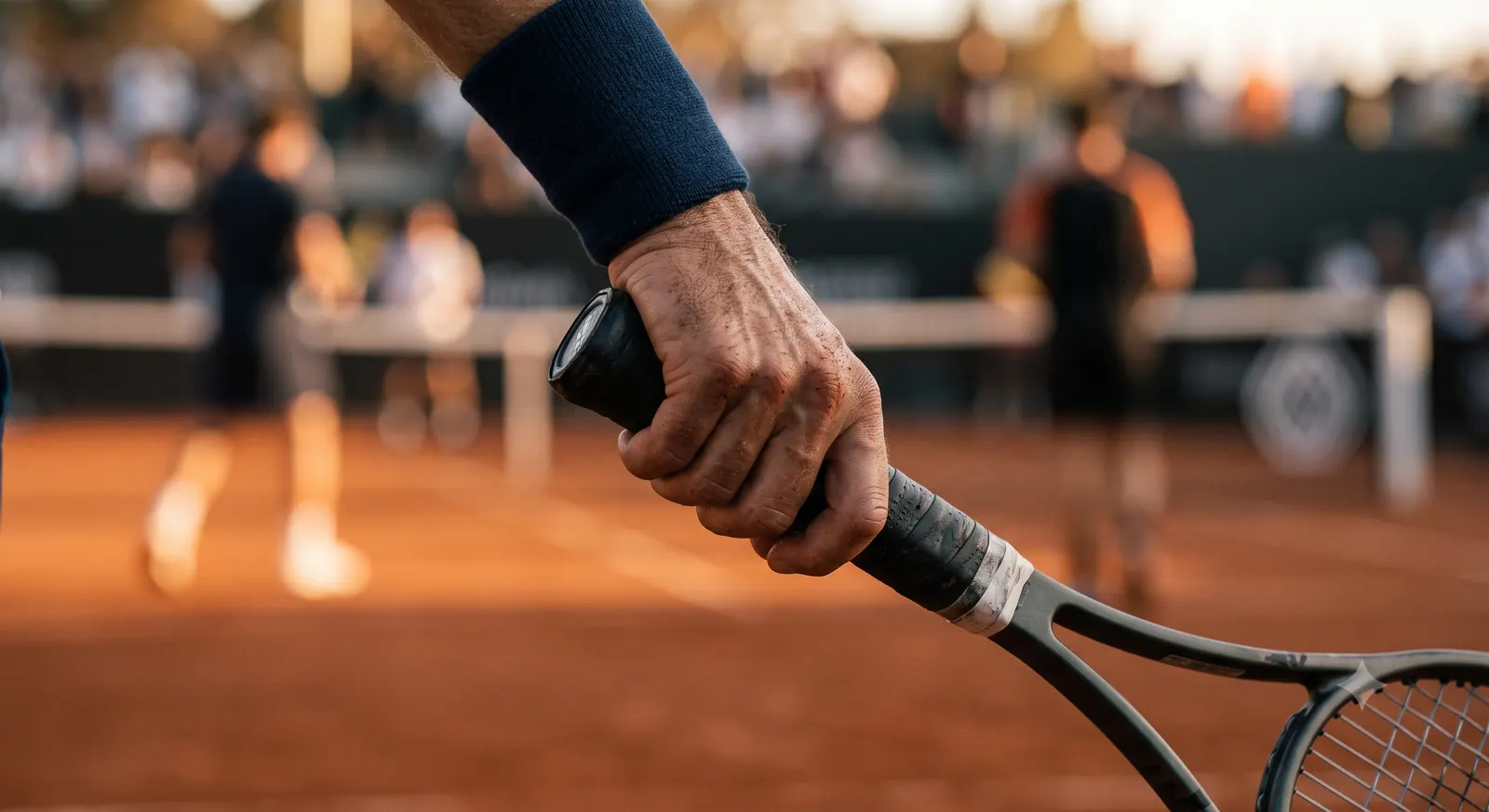 A tennis player's hand gripping a racket on clay at golden hour.